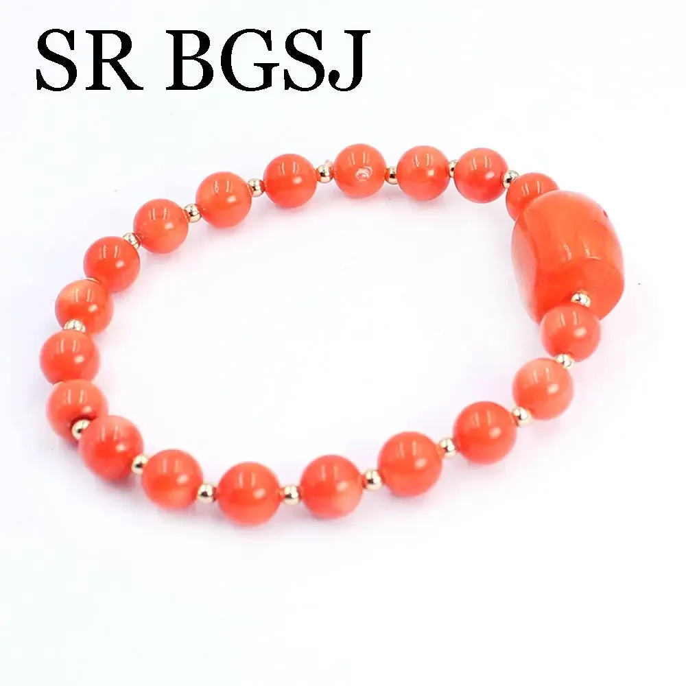 7-8mm 10-14mm Mother's Day Gift Natural Genuine Orange Coral Women Adjustable Stretch Bracelet 7-8inch