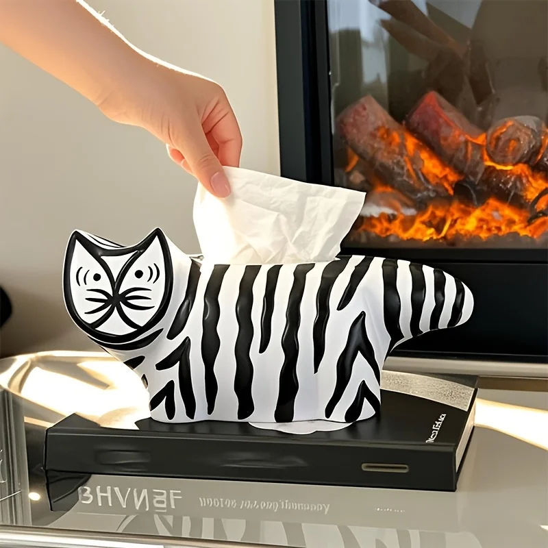 

Modern Cartoon Black White Striped Flat Face Cat Figurine Home Decor Living Room Desktop Ornament