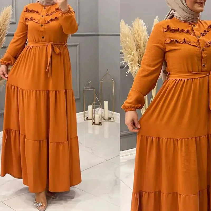 Soft New Arrival Abaya Blue Caftan African Dresses For Women Elegant Outfits With Belt Sundress Vintage High Waist Robe