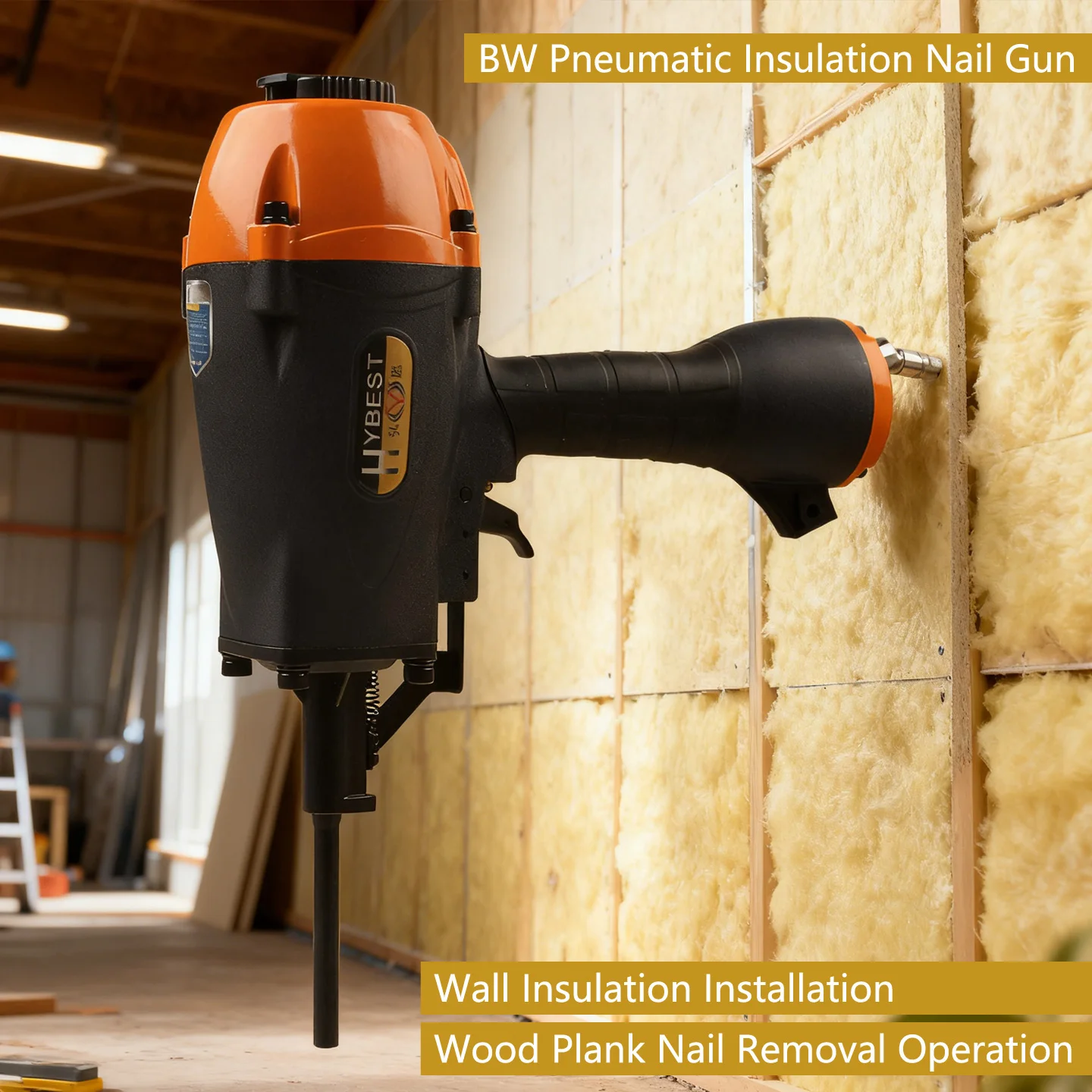 HYBEST BW120 Pneumatic Insulated Nail Gun Insulation Staple Gun for Concrete Pailing - Construction Tool