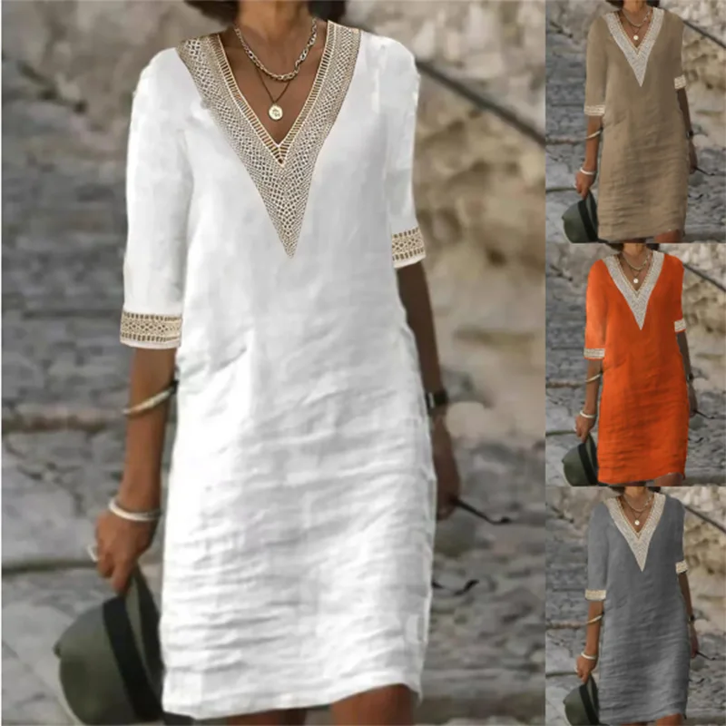 Women Cotton Linen Dress 2023 Summer Sexy V-neck White Dress  Elegant Luxury Casual Solid Color Mid-Sleeve Female Y2k Streetwear