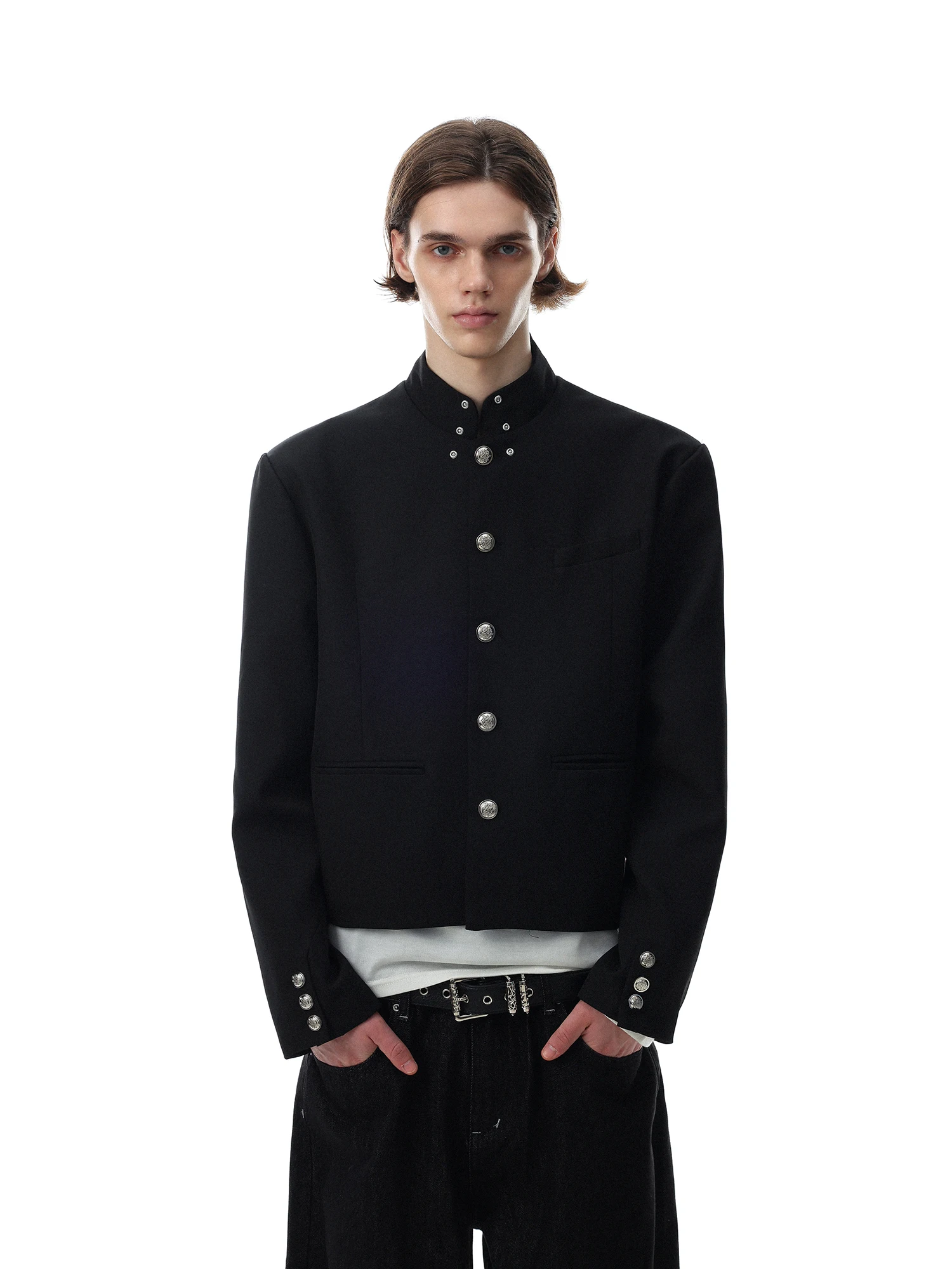 New Chinese Style Men's Jacket Stand Collar Short Heavy Duty Metal Button Design Loose Fit Polyester Spandex Blend Autumn Wear