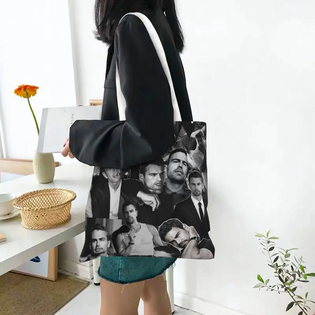 Theo James Photo Collage  Shopping Bags Canvas The Tote Bag Reusable for Girls Shoulder Tote Travel Handbag