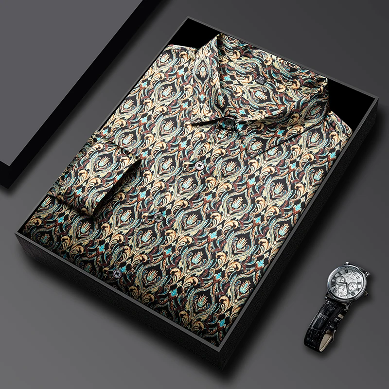 

Breathable Coolness Premium Shirts For Men Long Sleeve Print Silk Summer Quality Skin-Friendly Satin Easy Care Camisas De Hombre