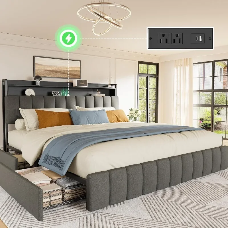 Base de Cama King Size PRAISUN con Cabecera Tapizada y Estación de Carga, Base de Cama King con 4 Cajones de Almacenamiento