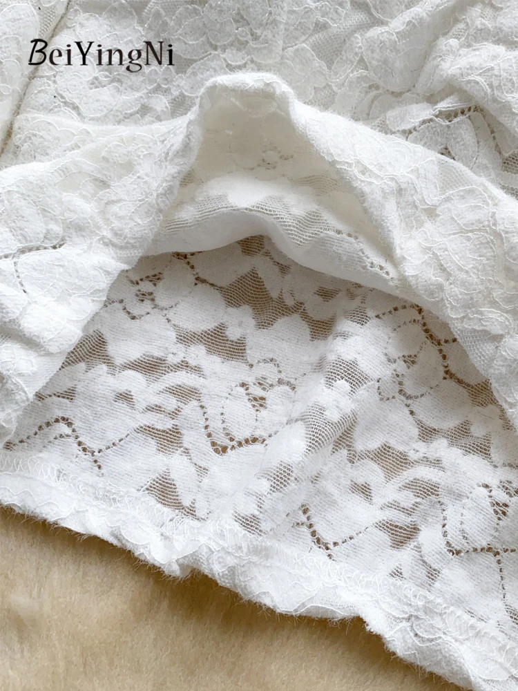 Beiyingni 2025 Koreaanse Wit Shirt Vrouwen Effen Kleur Massaal Vintage Kant Vrouw Blusas Met Borst Pad Luxe Franse Blouses