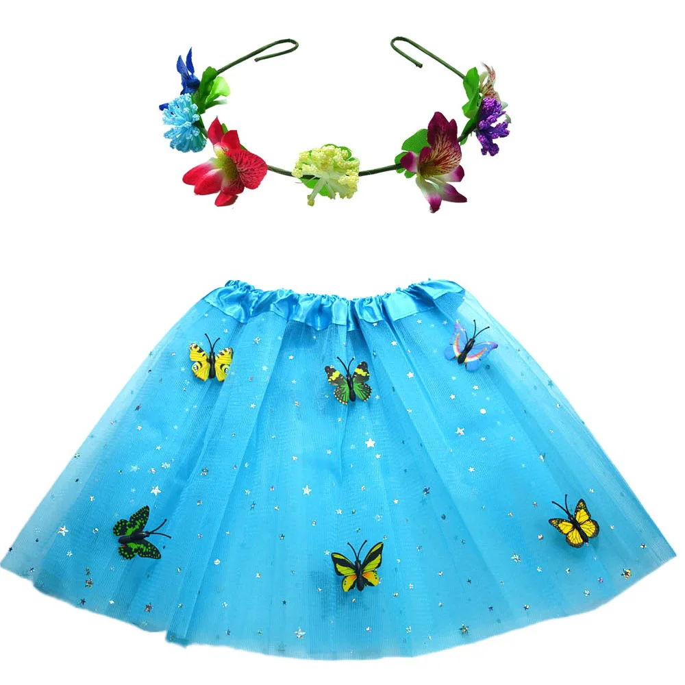 Kids Girl Butterfly Tulle Tutu Skirt Flower Headband Wreath  Party Ball Gown Birthday Gift Cosplay Christmas Halloween Costume