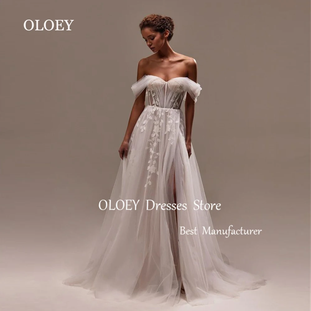 OLOEY Ivory Tulle Wedding Dress Off Shoulder A Line Bridal Gown High Slit Short Sleeves Floor Length Zipper Back Custom Made