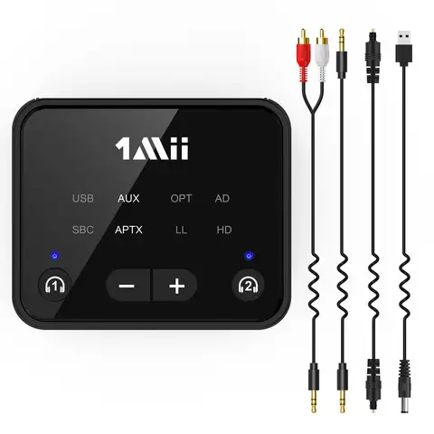 1Mii-B06T6 TV용 Bluetooth 5.3 송신기 - 무선 헤드폰 2개, Bluetooth 어댑터, aptX LL& HD, 광/AUX/RCA 오디오 입력