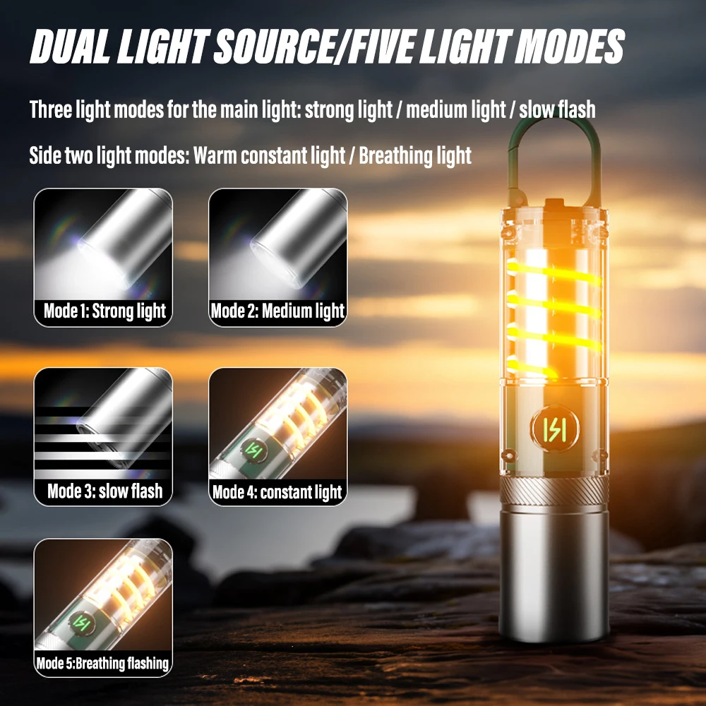 Super Bright LED Flashlight Rechargeable Torch Portable Work Light Outdoor Camping Light with Warm Side Lights and Portable Hook