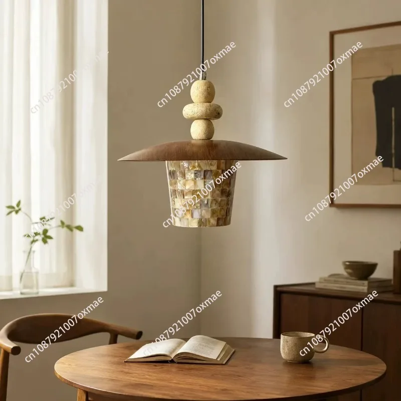 Shell Travertine Restaurant Chandelier Antique Walnut Flying Saucer Top Cover Bar Entrance Decoration