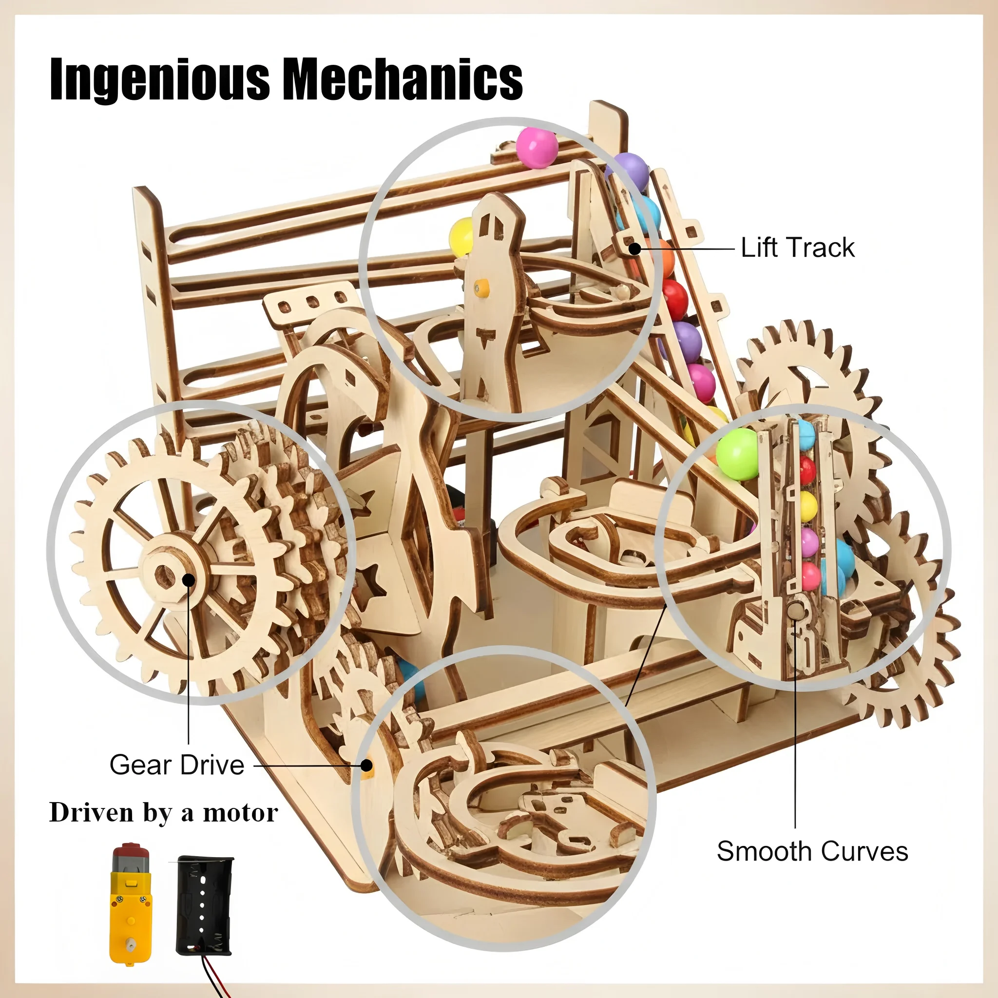 Track ball wooden jigsaw puzzle 3d model, handcrafted scientific experiment small make, assembly, educational toy gift