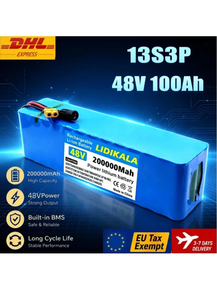 48V 200000mAh 13S3P Lithium-Ionen-Akku mit integriertem BMS, hohe Kapazität, 48V 100Ah wiederaufladbarer Li-Ionen-Akku für Elektrofahrräder, Roller, E-Bikes, Golfcarts