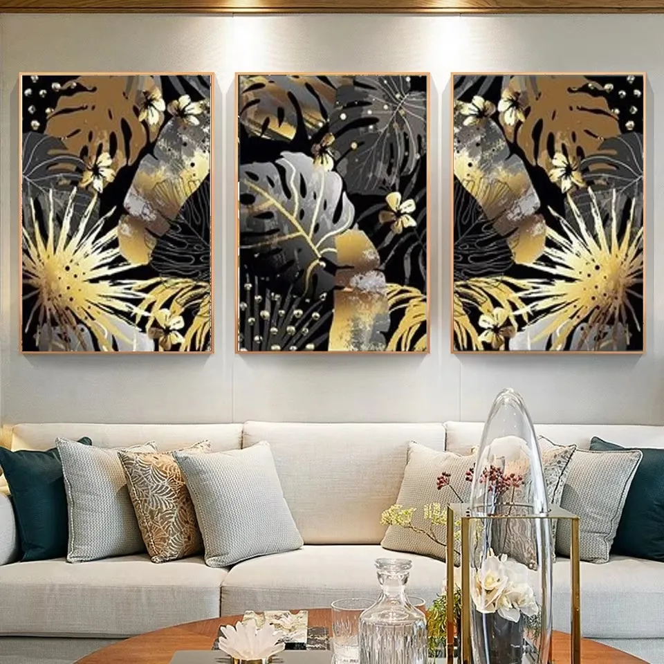 3 Piece Set Diamond Mosaic Abstract Golden Leaves Paintings Diy Full Rhinestone Embroidery Tropical Jungle Sale Triptych Kits