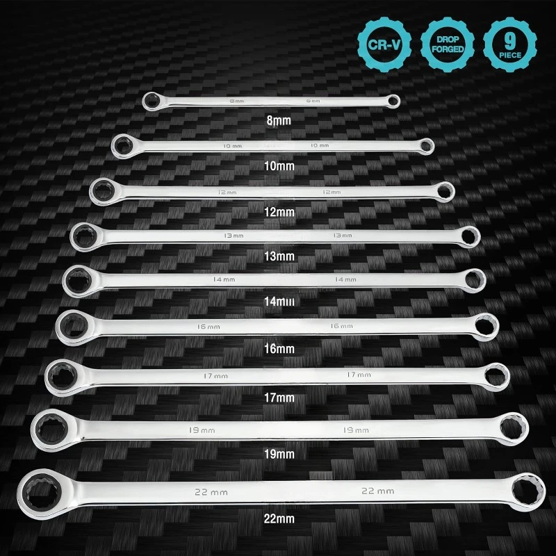 Extra Long Ratcheting Wrench Set, Double Box End Wrench Set, Metric, 9-Piece, 8,10,12,13,14,16,17,19,22 mm, CR-V Steel