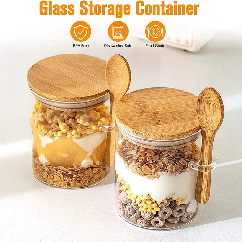 Glass Jars With Bamboo Lid & Spoons, Glass Jar With Airtight Lid, 15 Oz/450ML Glass Food Storage Containers