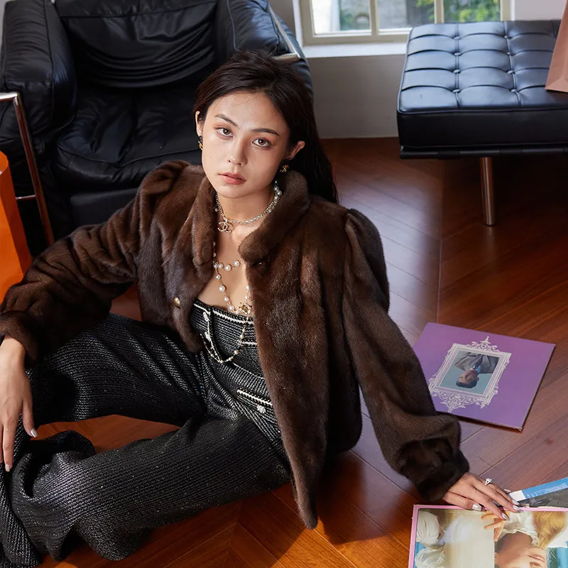 HDHOHR 2026 New100% Real Mink Fur Coat Women Fashion Essential Natural Mink Coat Warm Short Leather Outerwear Winter Fur Jacket