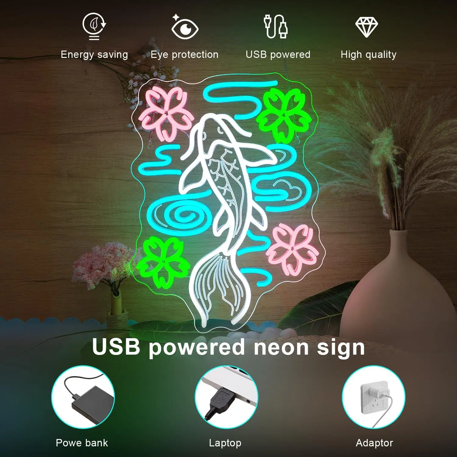 Koi Fish Neon Sign USB Dimmable LED Lights For Japanese Koi Sakura Themed Bedroom Restaurant Wall Hanging Decor Gift Night Light