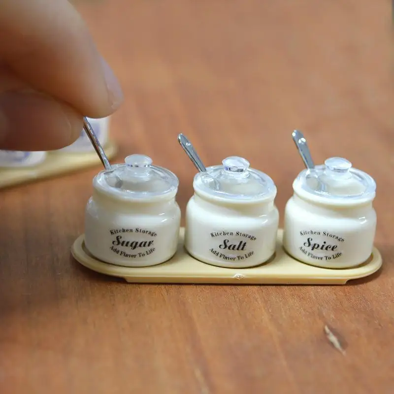 3Pcs Miniature Dollhouse Kitchen Spice Containers 1/6 Scale Food And Condiment Jars with Spoon And Stickers for Girls Gift