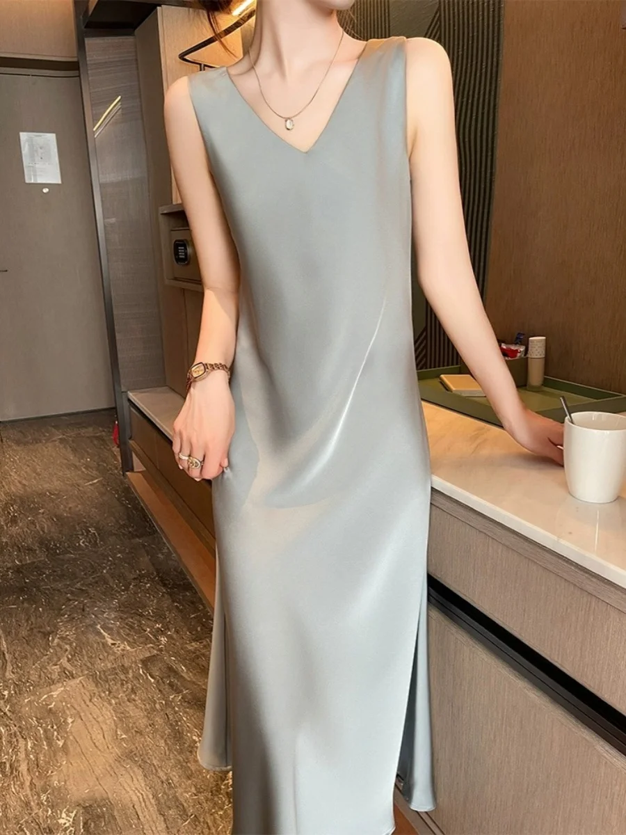 بدلة تخفيف من الساتان طويلة الأكمام من V-Ne بدلة داخلية Dr للسيدات بحزام عريض احترافي Dr بطول الركبة ميدي Dr