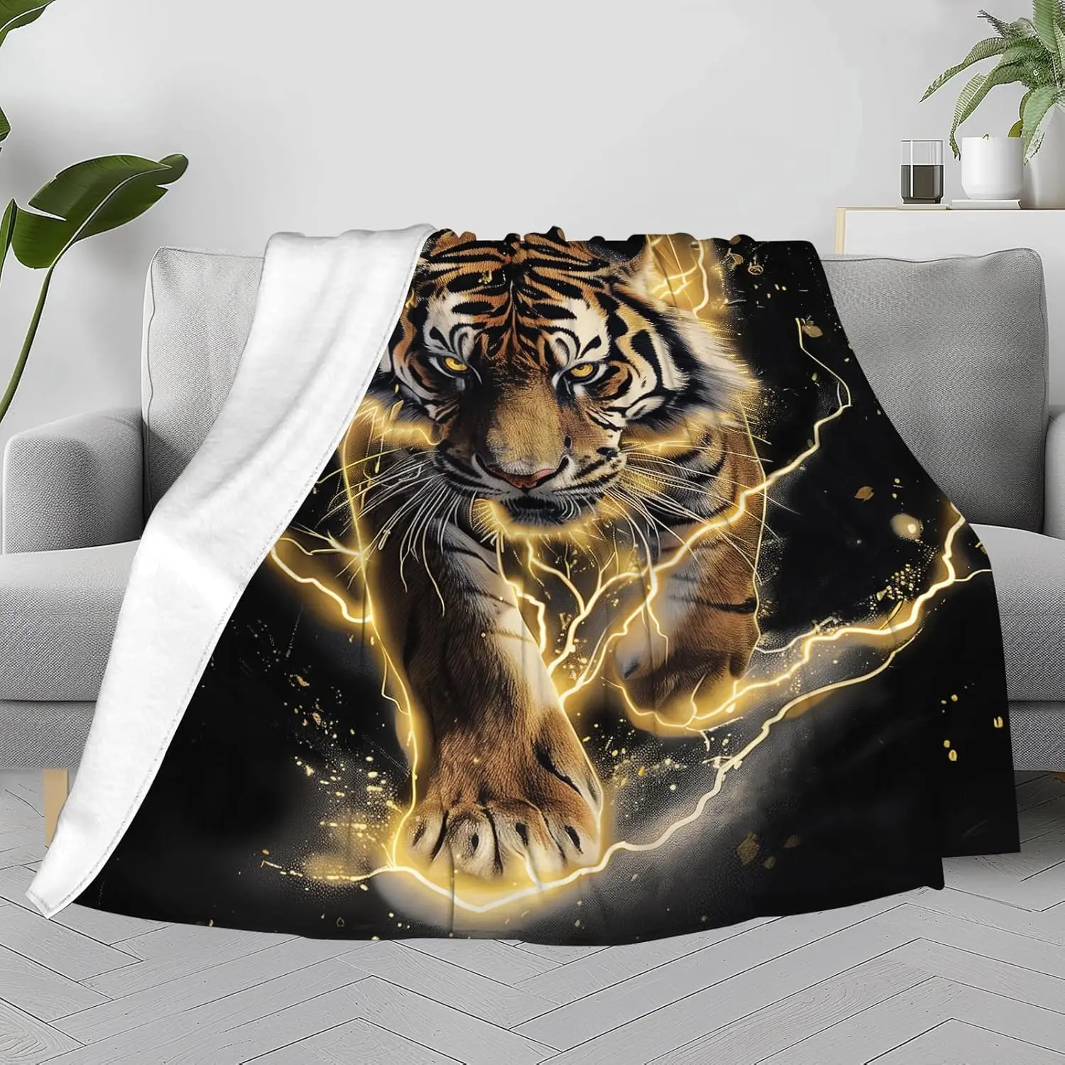 Gold Lightning Tiger on Black Throw Blanket Cool Animal Print Gifts Fuzzy Fleece Plush Soft Flannel Blanket 60x50 Inch