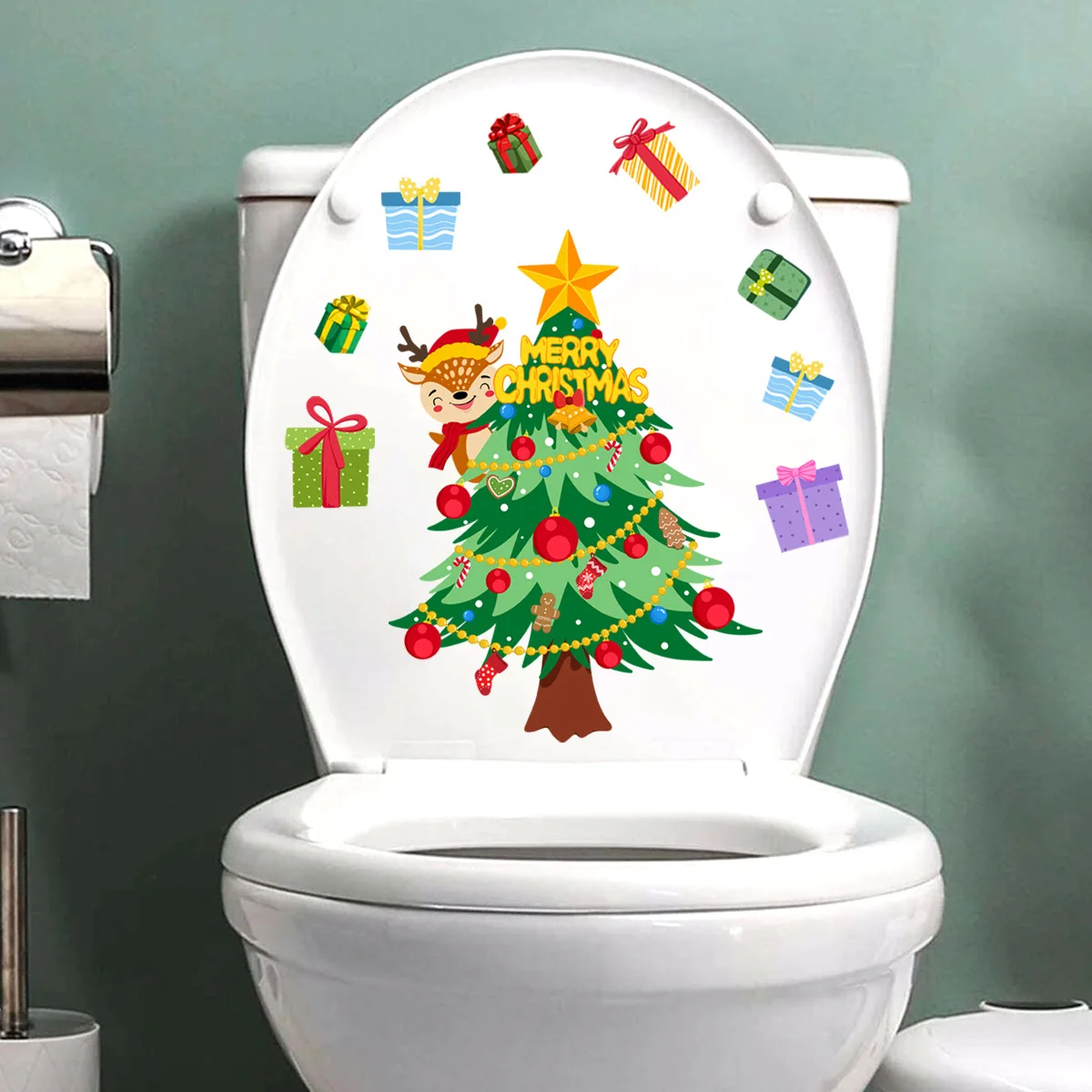 25*30cm Christmas Tree Gift Toilet Stickers Cartoon Bathroom Decoration Stickers Home Decoration Stickers Wallpaper Pvc  Ms452
