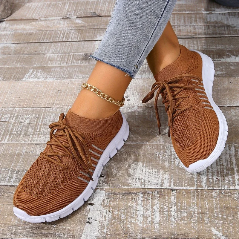 New Women Casual Flats Ladies Sport Shoes Woman Slip On Lace-Up Shoes All Color Chunky Sole Fashion Fly Knitting Mesh Shoes