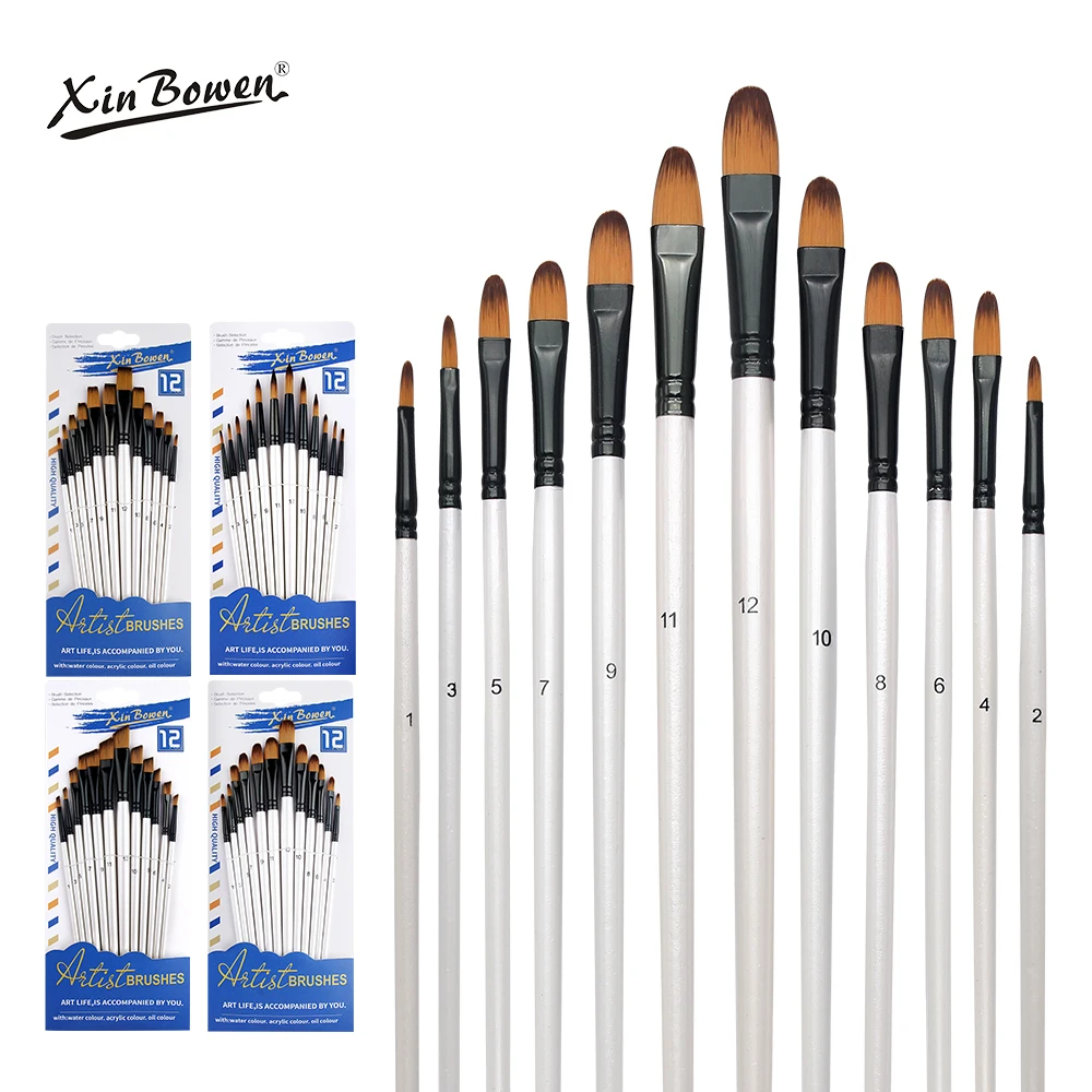 12pcs Nylon Bristle Brushes Set for Beginners Art Supplies Wall Painting Pigments Flat Sharp Diagonal round Peak Board Brush