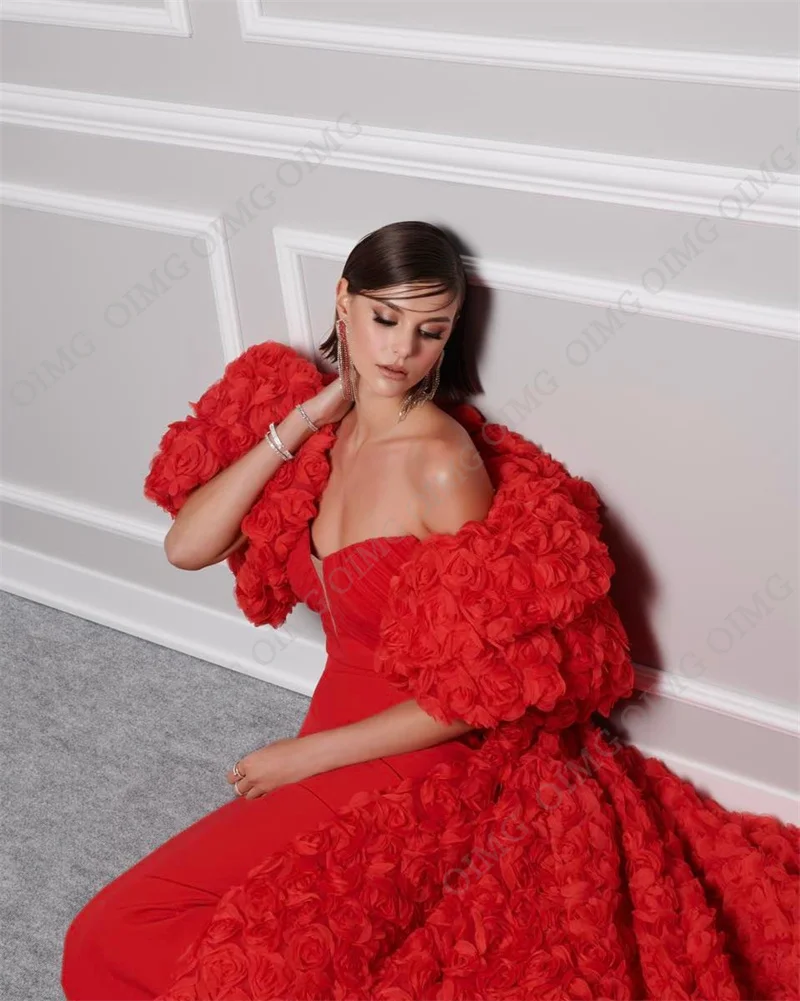 OIMG Flwoers Vestido de fiesta de boda, Vestido de noche rojo, Vestido de baile de novia, tren de corte, princesa sin tirantes, talla grande