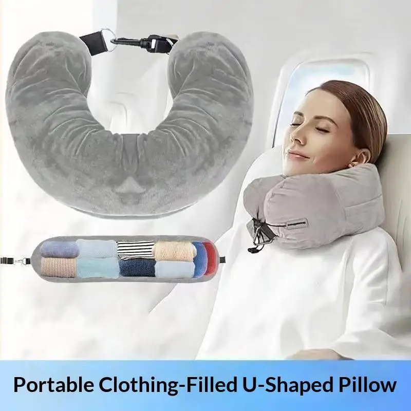 1Pc Travel U Shaped Neck Pillow With Fillable Storage Bag Crystal Fleece Pillowcase Washable Cover Airplane Car Office Nap