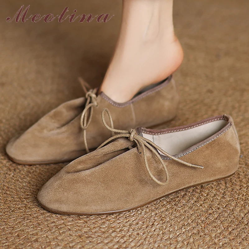 

Meotina Women Genuine Leather Flats Round Toe Lace-up Kid Suede Concise Casual Shoes Ladies Fashion Shoes Spring Autumn Brown 41