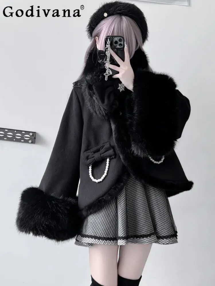

Subculture японская черная готическая плюшевая короткая шерстяная куртка зимняя женская милая тонкая элегантная короткая куртка в стиле Лолиты с большим бантом