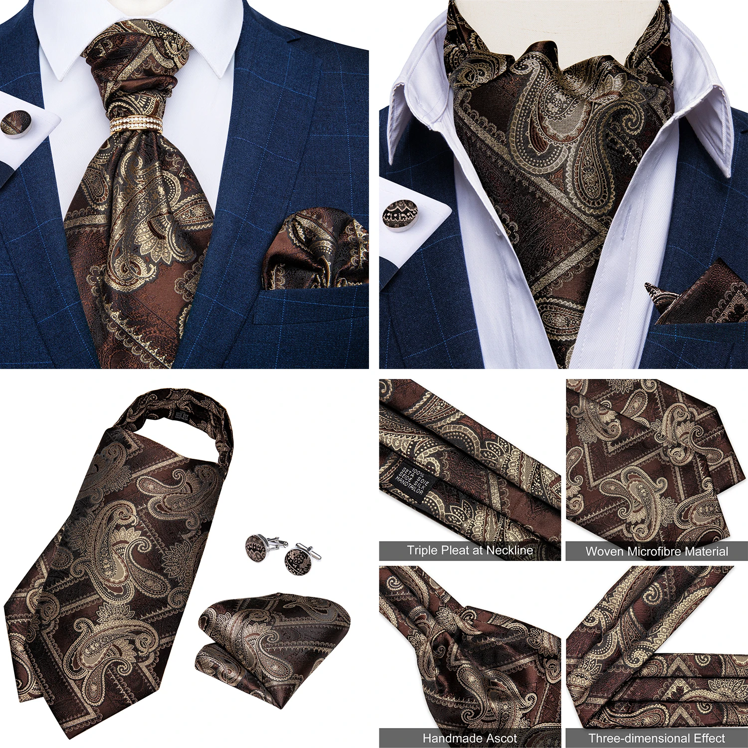 Luxury Men Green Blue Paisley Ascot Tie Set Solid Necktie Ring Wedding Party Cravat Purple Ties Pocket Sqaure Cufflink Free Ship