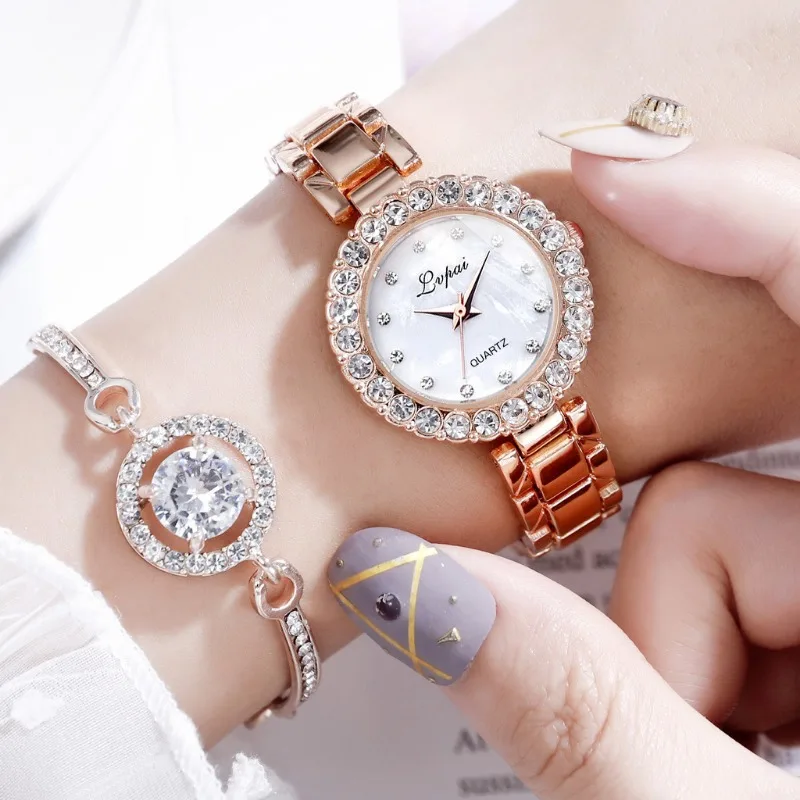 

New 2PCS Set Rose Gold Luxury Watch Women Ring Necklace Earring Rhinestone Fashion Wristwatch for Ladies Casual Bracelet Watches