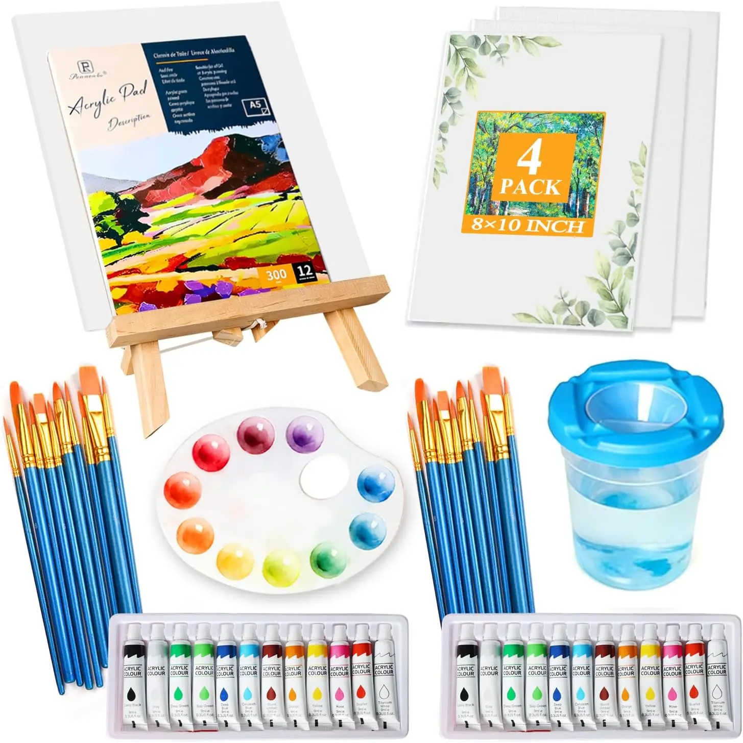 

Acrylic Paint Set, 52PCS with Paint, Painting Brushes,Acrylic Paints Book,Easel,Brush Washer,4 Blank Canvas,Palette for