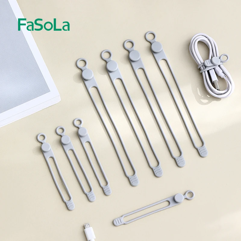 FaSoLa 6PCS Releasable Silicone Cable Tie with Hook Wire Organizer Self-locking Cord Rope Holder Multifunctional Ties