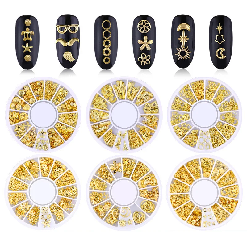 12 griglie 3D rivetto in metallo dorato moderno luna stelle piuma croce decorazione nail art borchie in lega ciondoli manicure accessori fai da te