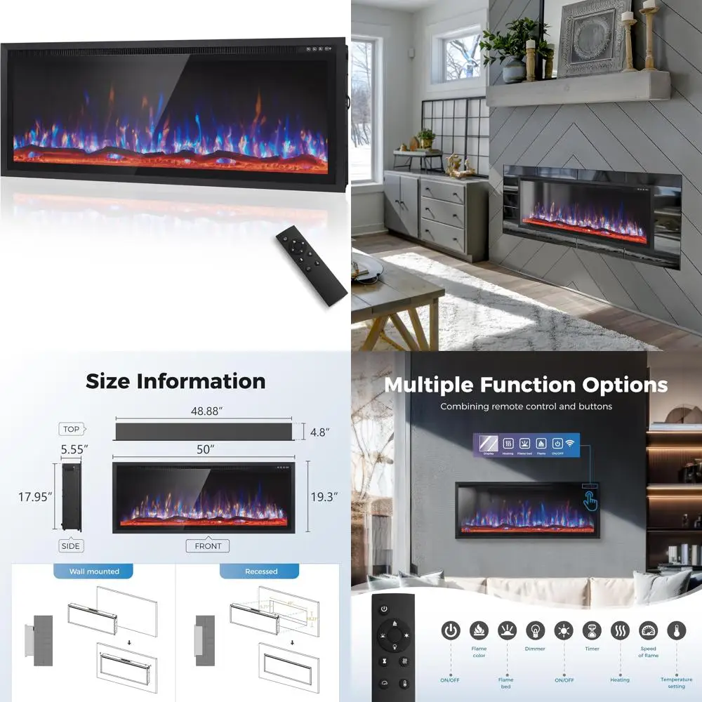 Slimline Wall-Mounted Electric Fireplace Heater, Recessed Design with Remote Control