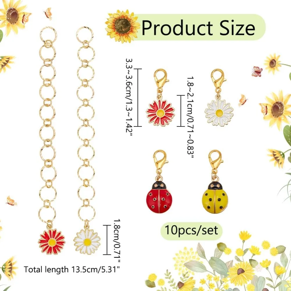 1Set 2 Pcs Daisy Knitting Row Counter Chains and 8 Pcs Replacement Pendants Ladybug and Flower Alloy Enamel Pendant Row Counting