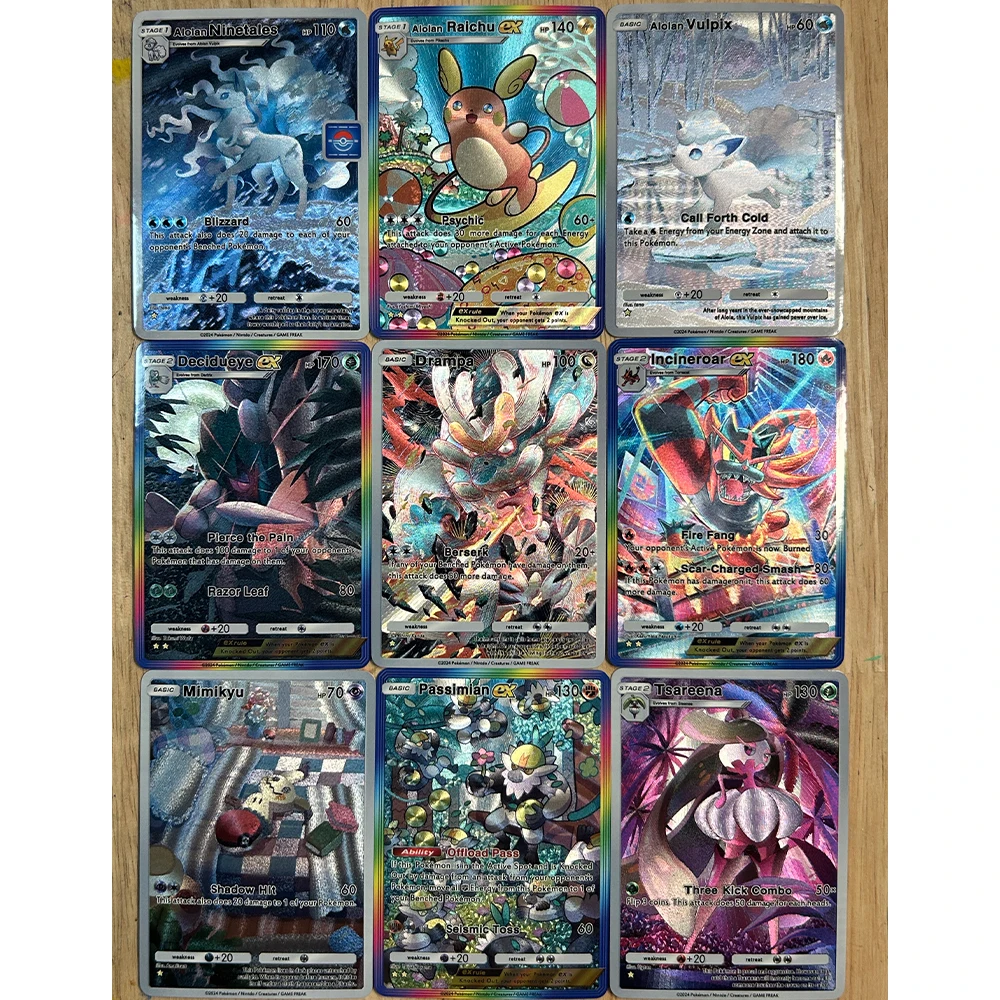 9 stks/set Nieuwe PTCG POCKET Collection Card Engels Alolan Raichu Drampa Mimikyu Cosmog Reliëf Textuur Flash Card Kind Gift