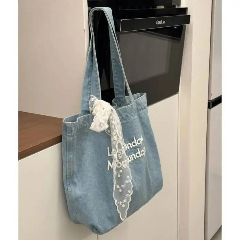 

Bloom Retro Denim Letter Embroidered Canvas Bag Women Large Capacity Y2k Shoulder Bags Ladies Portable Casual Shopping Handbag