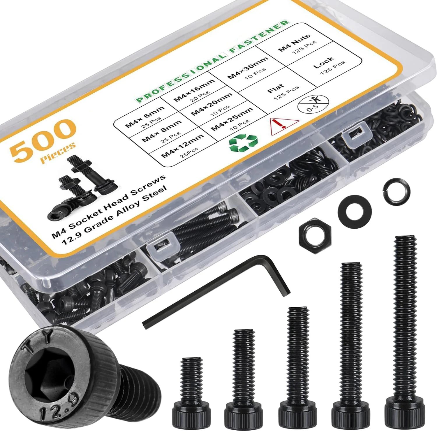 

500 sets of M4 screw kits, black M4 screws (7 sizes: 6-30 mm), various metric nuts and bolts combination kits, hexagonal socket