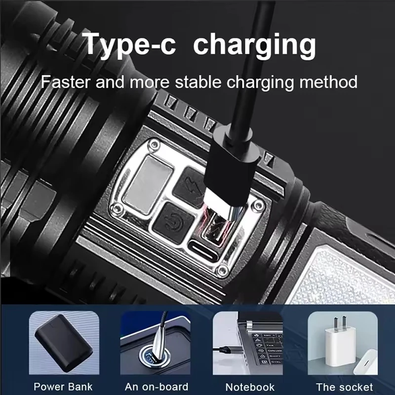 High Power Flashlight Super Big Flashlight Rechargeable Most Strong LED Flash Light Long Range Torch Outdoor Built in Battery