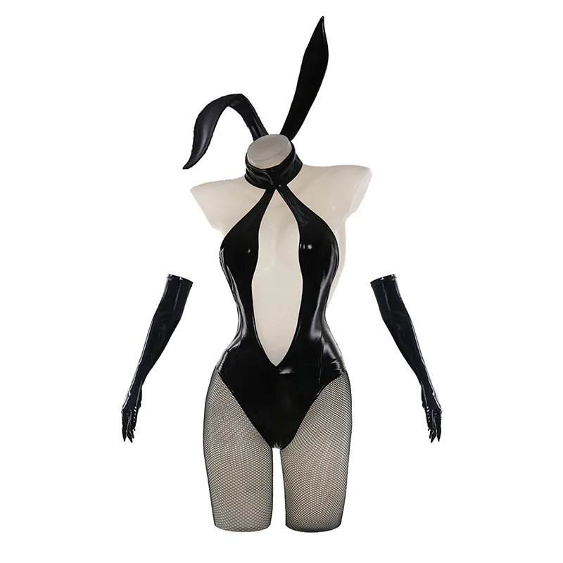 Japanese Illustration Bunny Girl Uniform Deep V-neck Hollow Leather Bodysuit Headband Mask Outfits Cosplay Costumes