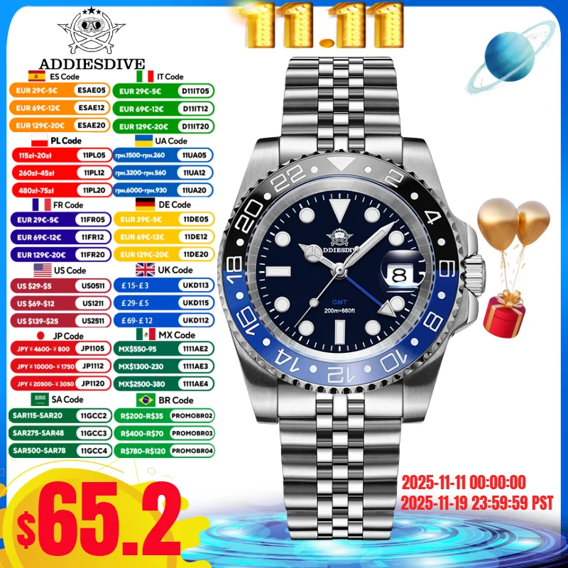 ADDIESDIVE Men Watch Reloj Hombre BGW9 Super Luminous 316L Stainless Steel 20Bar Waterproof Swiss Ronda 515-24H GMT Quartz Watch