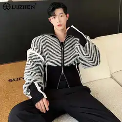 LUZHEN Stripe Bat Men Sweater Fashion Color Contrast Lapel Sleeve Knitted Tops Zipper Korean Style Elegant Wool Cardigan LZ6854
