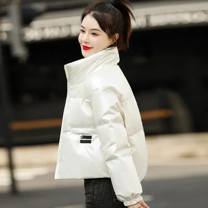 Cropped Down Jacket para Women, Cotton Coat, Long Sleeve, White, Black Outerwear, Thick Jackets, Warm, Korean Chic, Winter, New