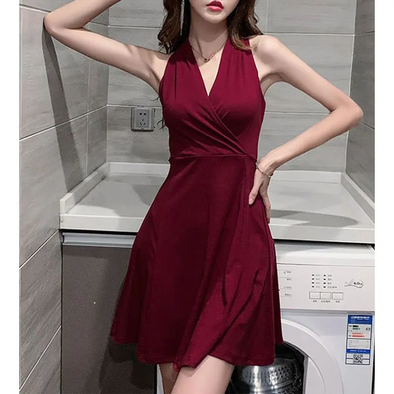 Women\'s Summer Fashion Fashion Simplicity Solid Color V-neck Sleeveless A-line Skirt Women Clothes Temperament Elegant Dress