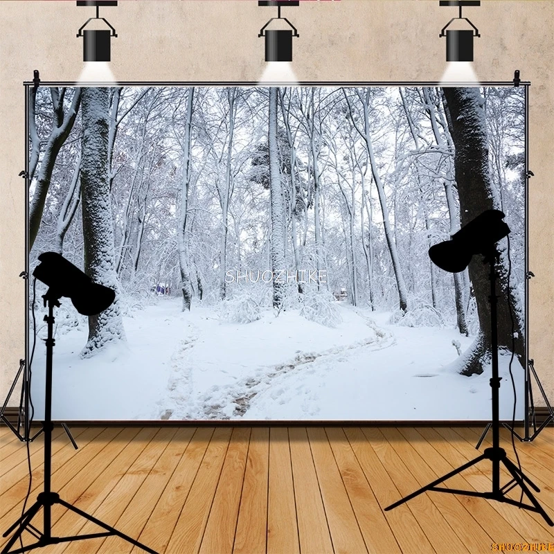 قطرات خلفية للتصوير الفوتوغرافي للغابات الشتوية ، طريق مغطى بالثلوج ، ندف الثلج ، أشجار التنوب ، خلفية الصورة ،