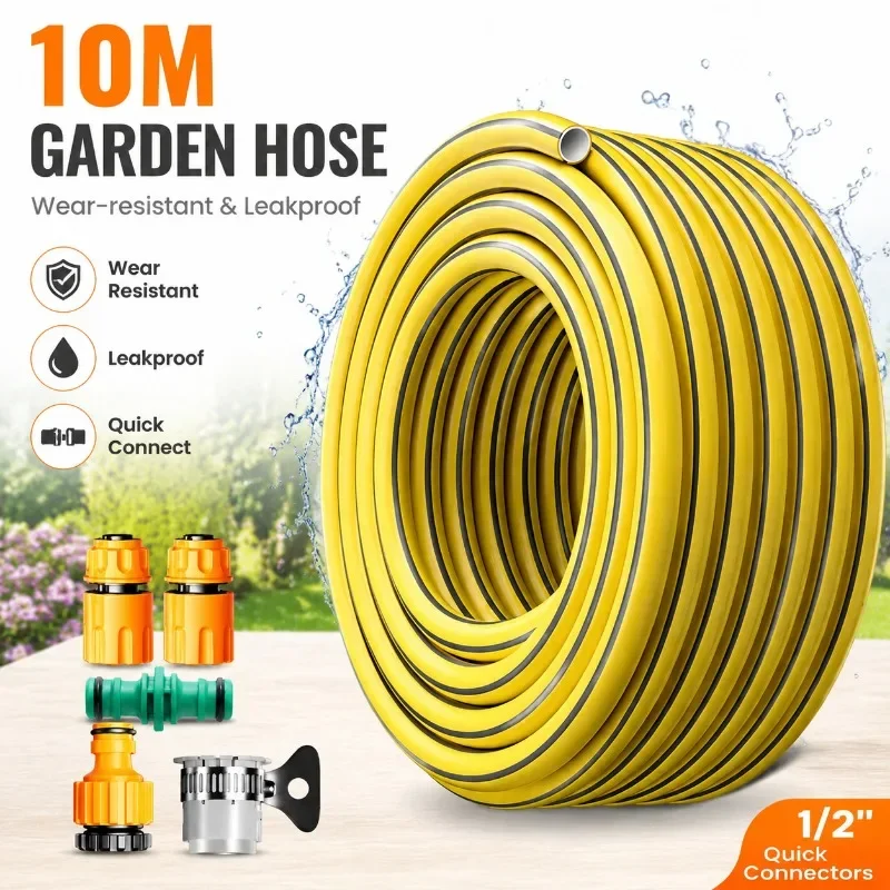 5/10m Heavy Duty Rubber Garden Hose Leakproof Wear Resistant Pipe 1/2 Inch Quick Connectors For Garden Watering Car Washing